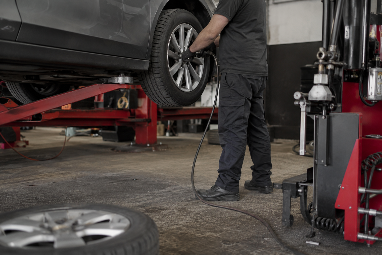 A mechanic working on a car wheel on a red lift